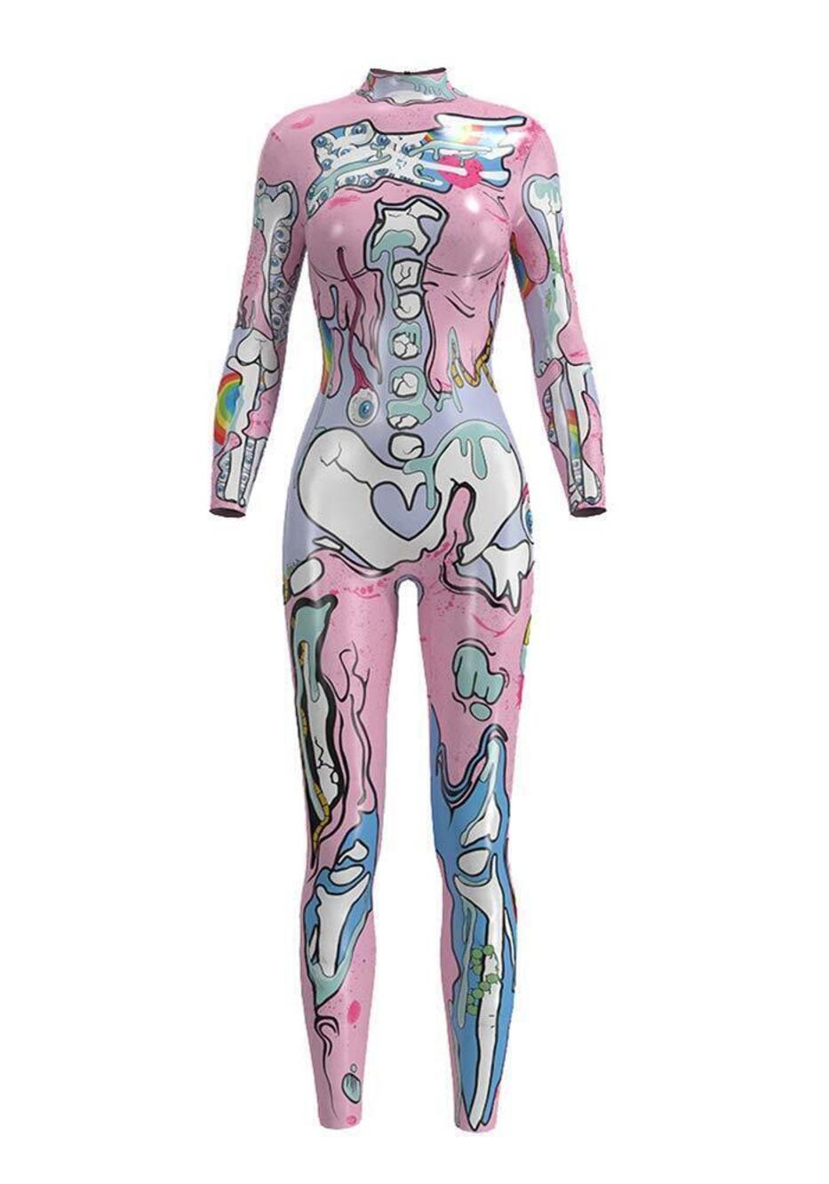 8266 Halloween Skeleton Catsuit Costume 3D Stretch Skinny Bodysuit